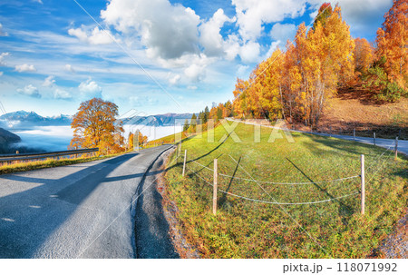 Incredible view of the meadows and mountains around Zell lake or Zeller See Incredible view of the meadows and mountains around Zell lake or Zeller See 118071992