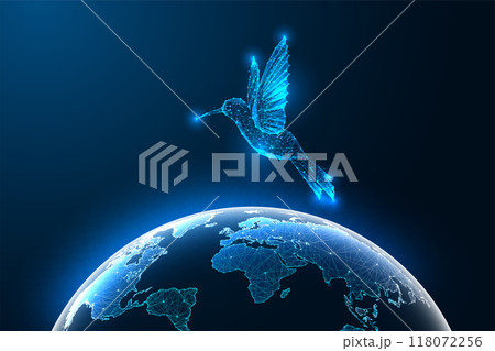 Colibri flying over planet Earth on dark blue background. Global harmony, environmental conservation Colibri flying over planet Earth on dark blue background. Global harmony, environmental conservation 118072256