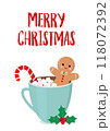 Christmas vector card. Funny gingerbread man in blue cup of cocoa with marshmallows 118072392