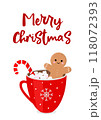 Christmas vector card. Funny gingerbread man in red cup of cocoa with marshmallows	 118072393