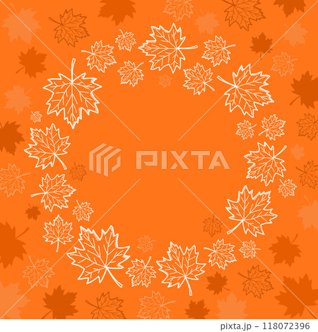 Autumn maple leaves vector wreath on orange background. Autumn hand drawn doodles frame Autumn maple leaves vector wreath on orange background. Autumn hand drawn doodles frame 118072396