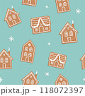 Gingerbread houses vector seamless pattern on blue background 118072397