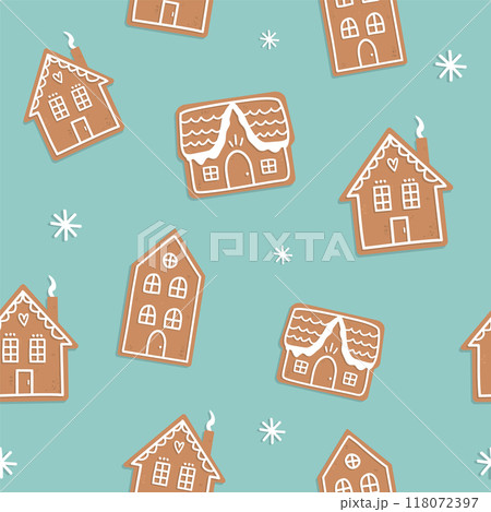 Gingerbread houses vector seamless pattern on blue background Gingerbread houses vector seamless pattern on blue background 118072397