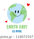 Earth day concert. Hand drawn happy earth planet with smiley face on the white background	 118072507
