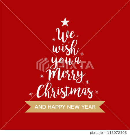 We wish you a Merry Christmas and Happy New Year calligraphy text for greeting cards. Stylised Christmas tree on a red background. We wish you a Merry Christmas and Happy New Year calligraphy text for greeting cards. Stylised Christmas tree on a red background. 118072508