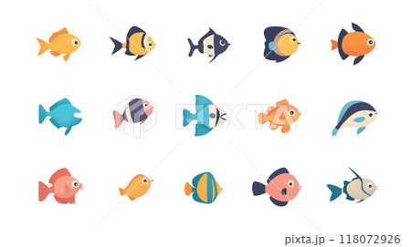 カラフルでかわいい魚キャラクターセット｜ポップな海のデザイン素材｜多用途のイラストアイコン集 118072926