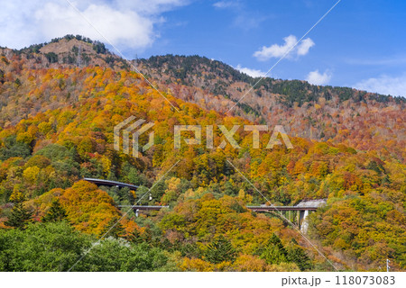 奥飛騨温泉郷の秋景色「平湯温泉街からR158平湯峠方面を望む」 118073083