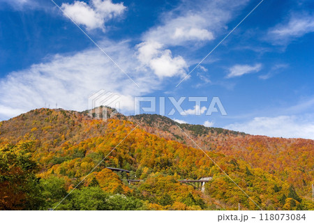 奥飛騨温泉郷の秋景色「平湯温泉街からR158平湯峠方面を望む」 118073084