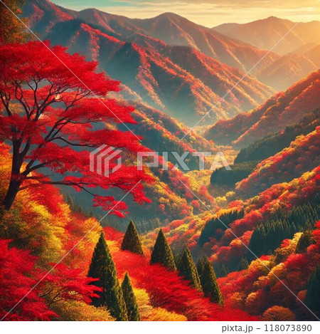 紅葉の山並みと朝もや 118073890