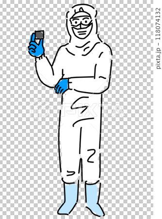 Simple line drawing of a worker holding a semiconductor part 118074132