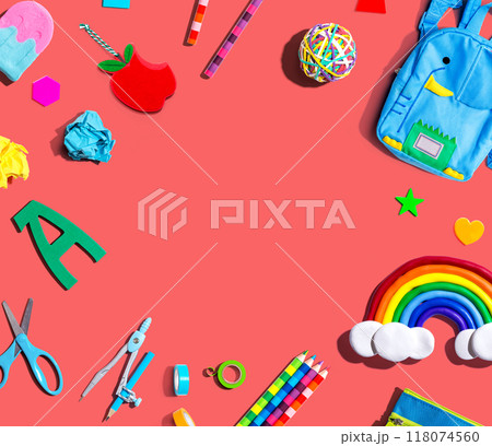 School supplies with a rainbow - overhead view 118074560