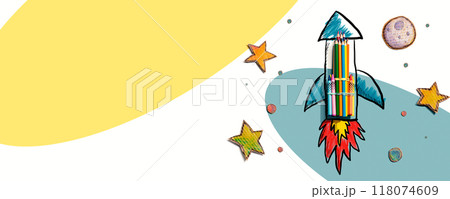 Back to school theme with hand drawn rocket and pencils 118074609