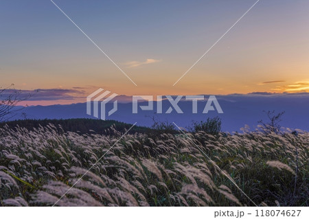 夕焼けに染まる山並みとススキのコラボ情景 118074627