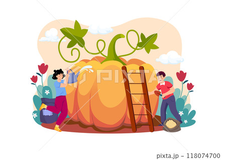 Children take care of pumpkins for Thanksgiving Day Children take care of pumpkins for Thanksgiving Day 118074700
