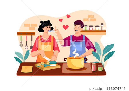 Couple is cooking together on March 8 118074743
