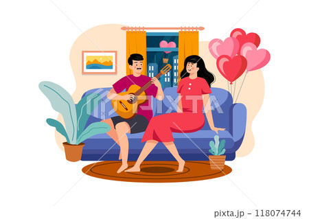 The boy plays the guitar for the girl to sing 118074744