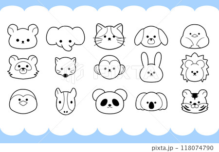 いろいろな動物のシンプルな顔の線画イラスト いろいろな動物のシンプルな顔の線画イラスト 118074790