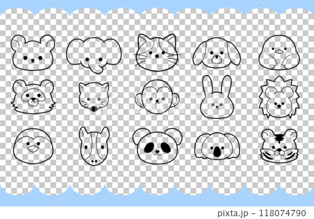 Simple line drawing illustrations of the faces of various animals 118074790