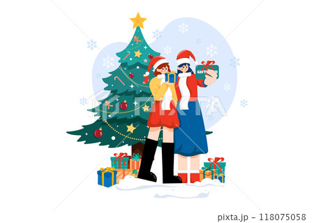 Friends exchanging Christmas presents Friends exchanging Christmas presents 118075058