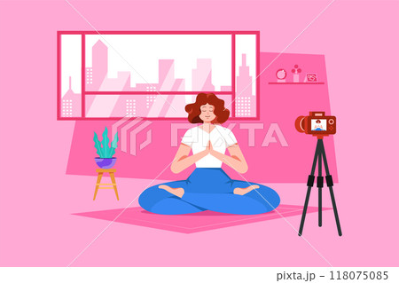 Woman shooting yoga video tutorial Woman shooting yoga video tutorial 118075085