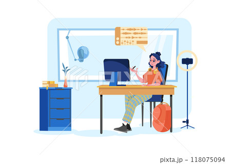 Woman editing podcast at the studio 118075094