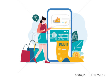 Woman paying online through debit card 118075157