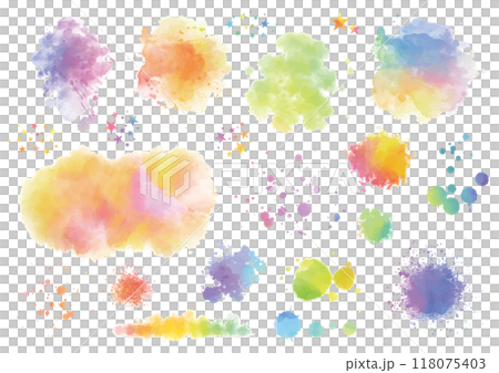 Colorful watercolor textures with splashes and stars set 118075403