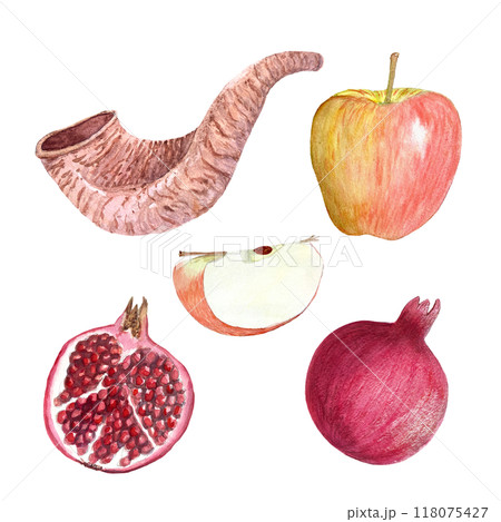 Shofar, apple, pomegranate hand painted realistic watercolor set isolated on white. High quality design element for Rosh Hashanah, Yom Kippur cards, posters, decor, stickers. Jewish tradition clip art 118075427