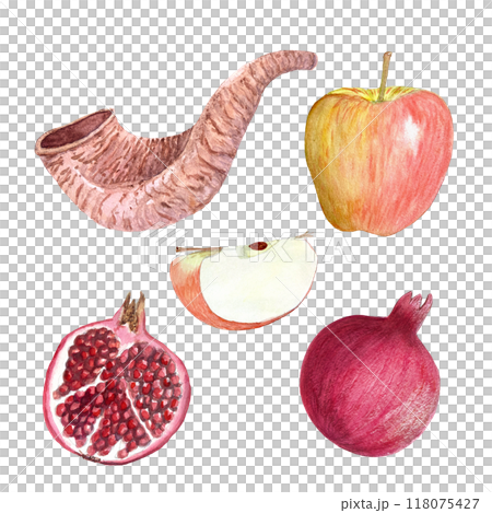 Shofar, apple, pomegranate hand painted realistic watercolor set isolated on white. High quality design element for Rosh Hashanah, Yom Kippur cards, posters, decor, stickers. Jewish tradition clip art 118075427