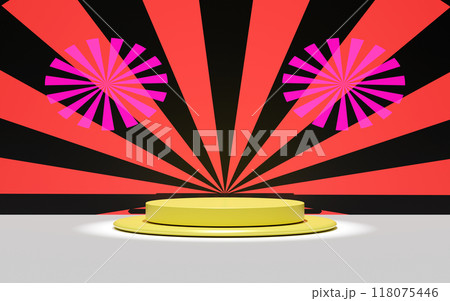 3d yellow empty podium with red sunburst or sun beam background. 3d illustration render 118075446