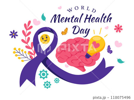 World Mental Health Day Vector Illustration on October 10 featuring Mental Health Awareness a Symbol with the Brain and Flowers in a Flat Background 118075496