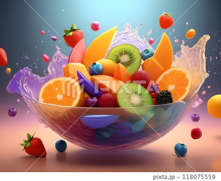 Fruit salad in a bowl with splashes and drops. 3d illustration 118075559