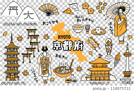 Simple and cute illustration set related to Kyoto prefecture (2 colors) 118075722