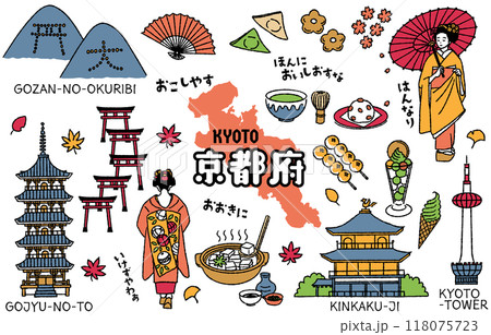 シンプルでかわいい京都府にまつわるイラストセット（カラフル） 118075723