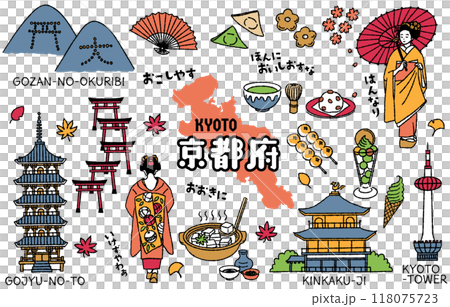 シンプルでかわいい京都府にまつわるイラストセット（カラフル） 118075723