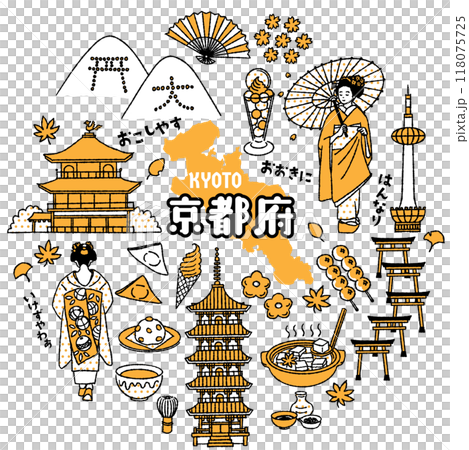 Simple and cute illustration set related to Kyoto prefecture (2 colors) 118075725
