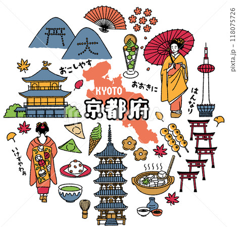シンプルでかわいい京都府にまつわるイラストセット（カラフル） 118075726