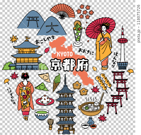 シンプルでかわいい京都府にまつわるイラストセット（カラフル） 118075726