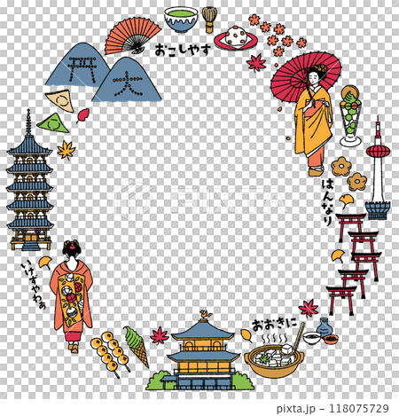 Simple and cute circular frame of illustrations related to Kyoto Prefecture (colorful) 118075729
