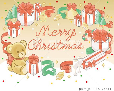 クリスマス　手描き　水彩　フレーム　文字　背景　かわいい　コピースペース　イラスト素材 118075734
