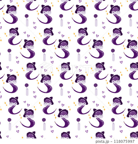 Sleeping snake in witch hat, magic flower in vase with decorative hearts and stars Seamless pattern Sleeping snake in witch hat, magic flower in vase with decorative hearts and stars Seamless pattern 118075997