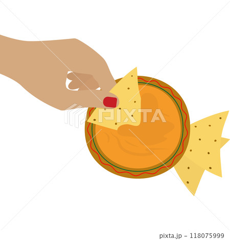 Woman hand dipping corn nachos in cheese sauce Traditional Mexican snack. Top view Crop Isolated 118075999