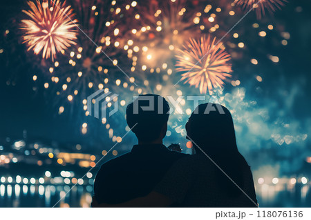 打ち上げ花火を見上げるカップルの写真7　AI生成画像 118076136
