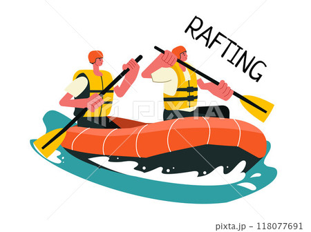 Rafting Vector Illustration featuring People Engaging in Water Sports on a Lake, Canoeing, Sitting in a Boat, and Holding Paddles in the Background 118077691