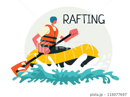 Rafting Vector Illustration featuring People Engaging in Water Sports on a Lake, Canoeing, Sitting in a Boat, and Holding Paddles in the Background 118077697