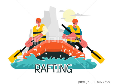 Rafting Vector Illustration featuring People Engaging in Water Sports on a Lake, Canoeing, Sitting in a Boat, and Holding Paddles in the Background Rafting Vector Illustration featuring People Engaging in Water Sports on a Lake, Canoeing, Sitting in a Boat, and Holding Paddles in the Background 118077699