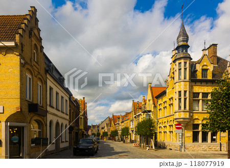 Diksmuide street with typical residential buildings, Belgium 118077919