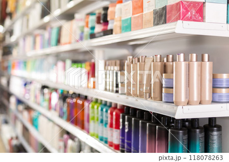 Hair care products on store shelves in supermarket Hair care products on store shelves in supermarket 118078263
