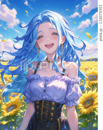 輝く青空の下で笑顔が輝く向日葵畑の少女 118078301