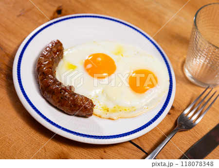 Homemade hearty breakfast - fried eggs with frankfurter sausages butifarra Homemade hearty breakfast - fried eggs with frankfurter sausages butifarra 118078348